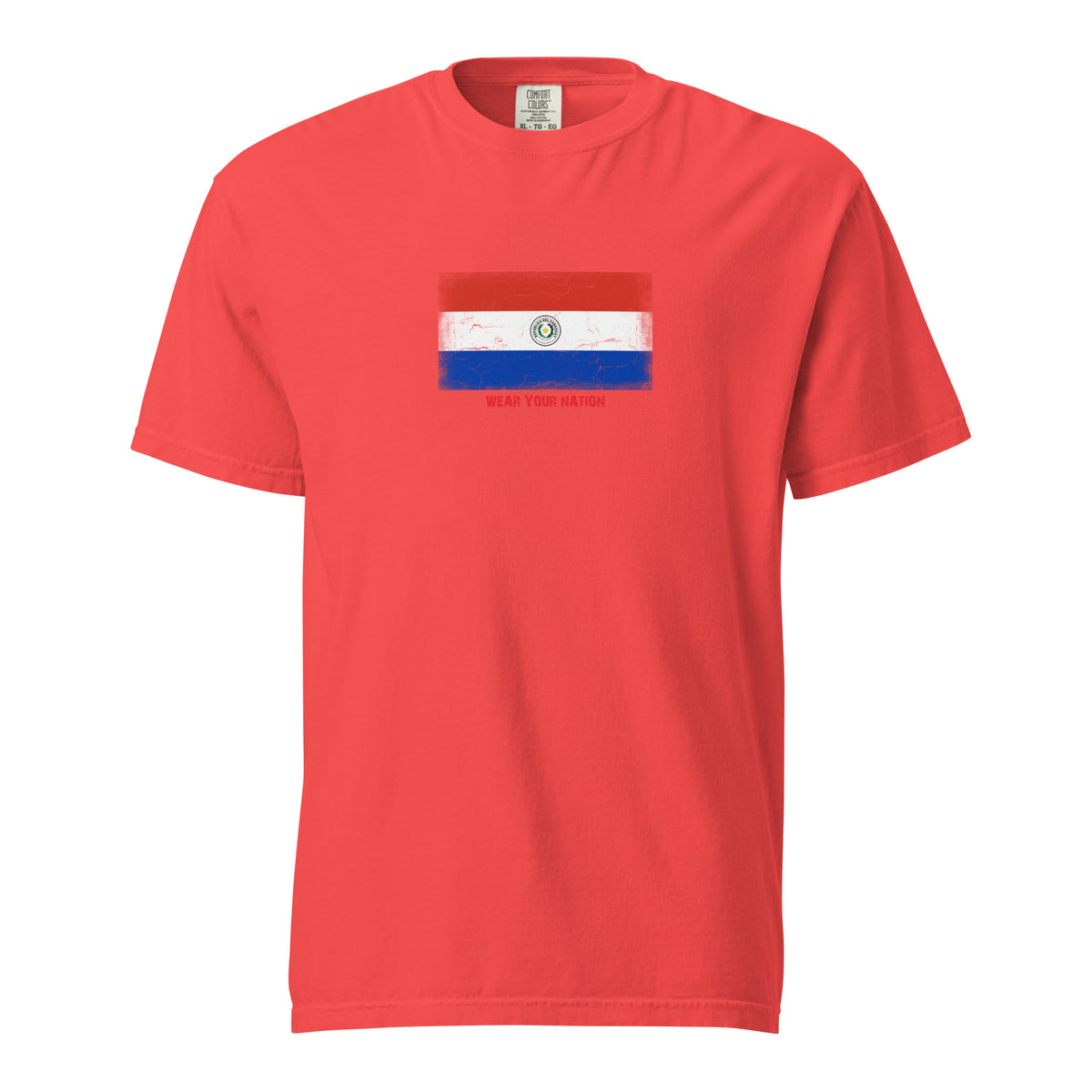 Paraguay flag t-shirt in Paprika, vintage-washed print, large flag on the chest, unisex cut, front view