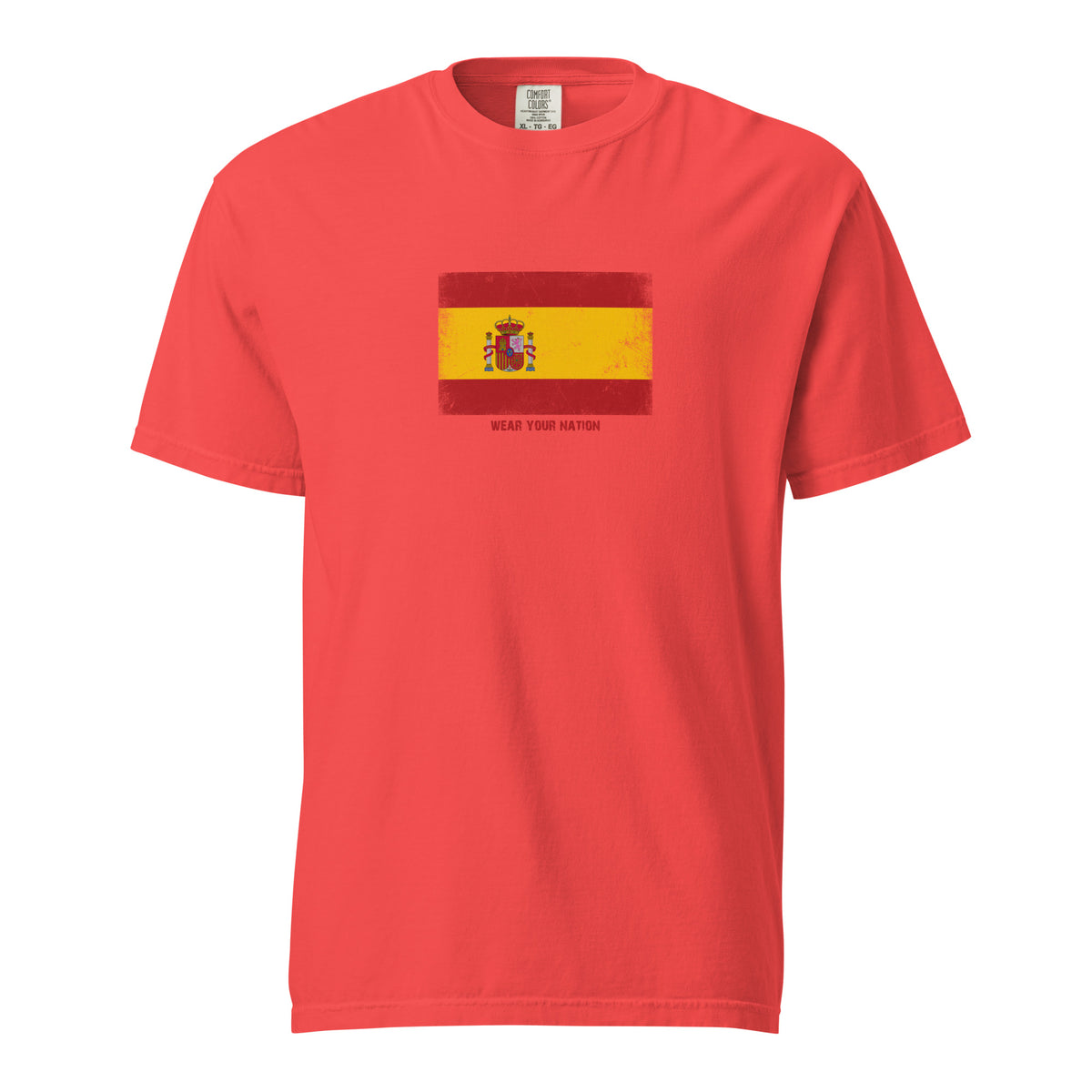Spain flag t-shirt in Paprika, vintage-washed print, large flag on the chest, unisex cut, front view
