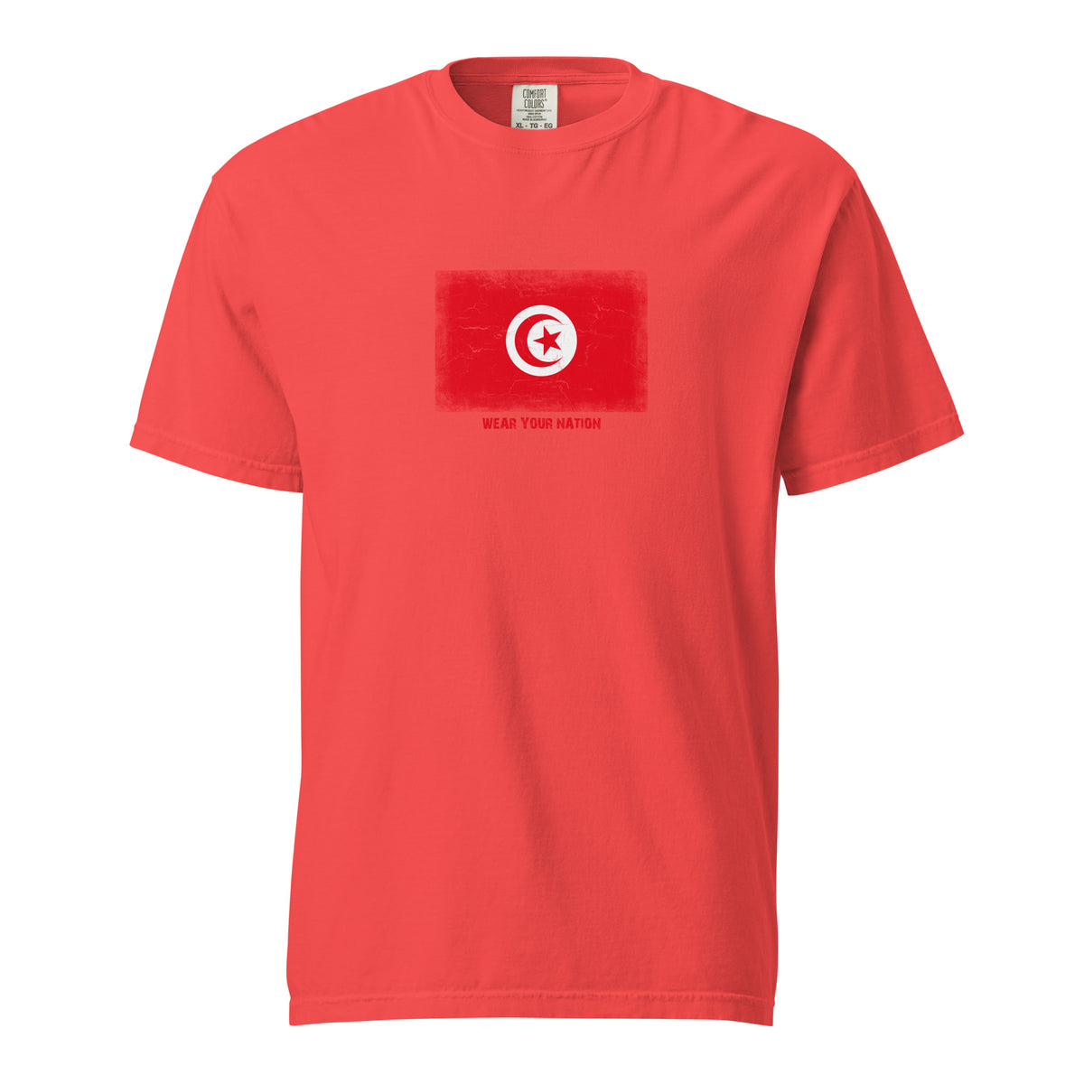 Tunisia flag t-shirt in Paprika, vintage-washed print, large flag on the chest, unisex cut, front view