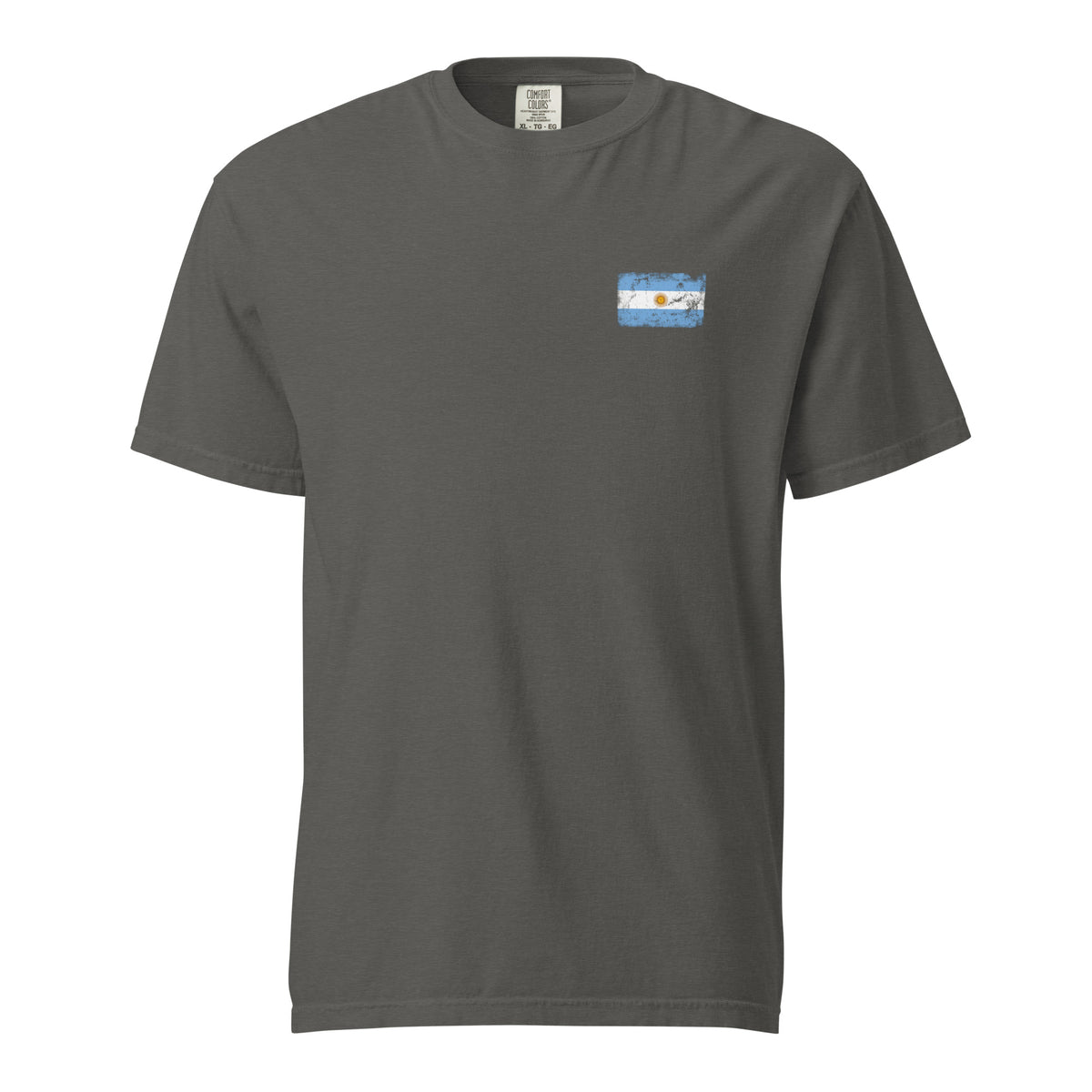 Argentina flag t-shirt in Pepper, vintage-washed print, small flag on the left chest, unisex cut, front view