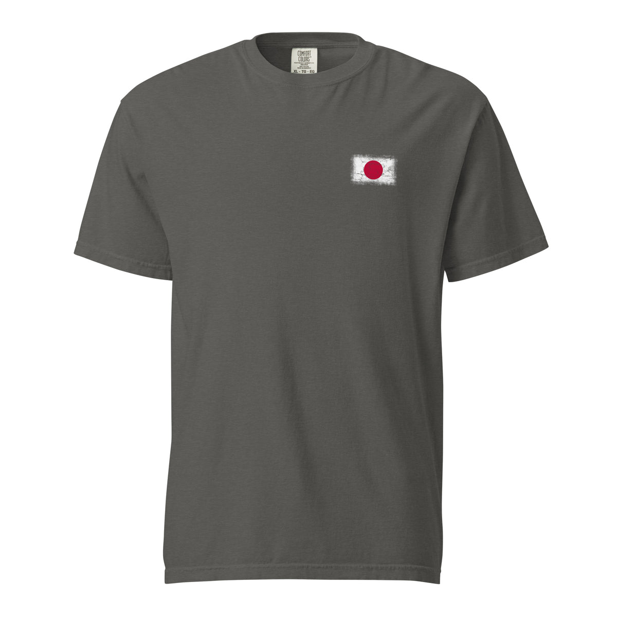 Japan flag t-shirt in Pepper, vintage-washed print, small flag on the left chest, unisex cut, front view