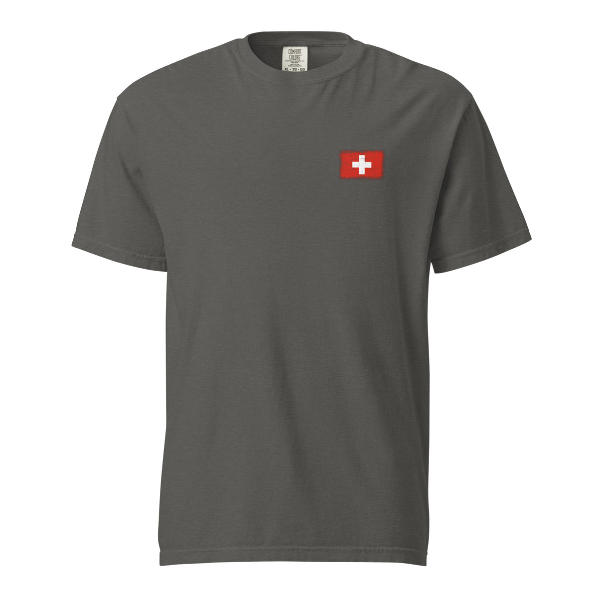Switzerland flag t-shirt in Pepper, vintage-washed print, small flag on the left chest, unisex cut, front view