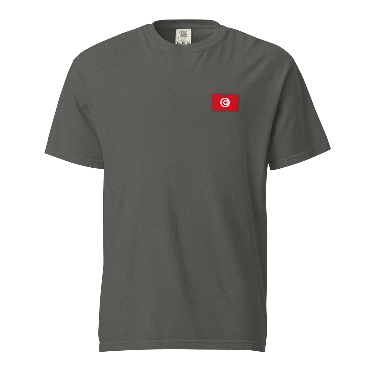 Tunisia flag t-shirt in Pepper, vintage-washed print, small flag on the left chest, unisex cut, front view