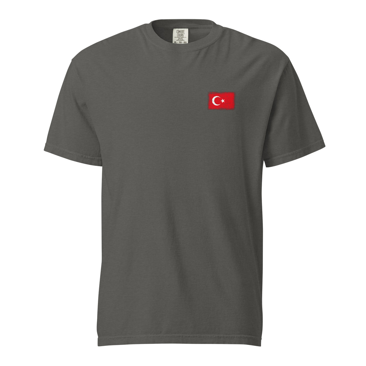 Turkey flag t-shirt in Pepper, vintage-washed print, small flag on the left chest, unisex cut, front view