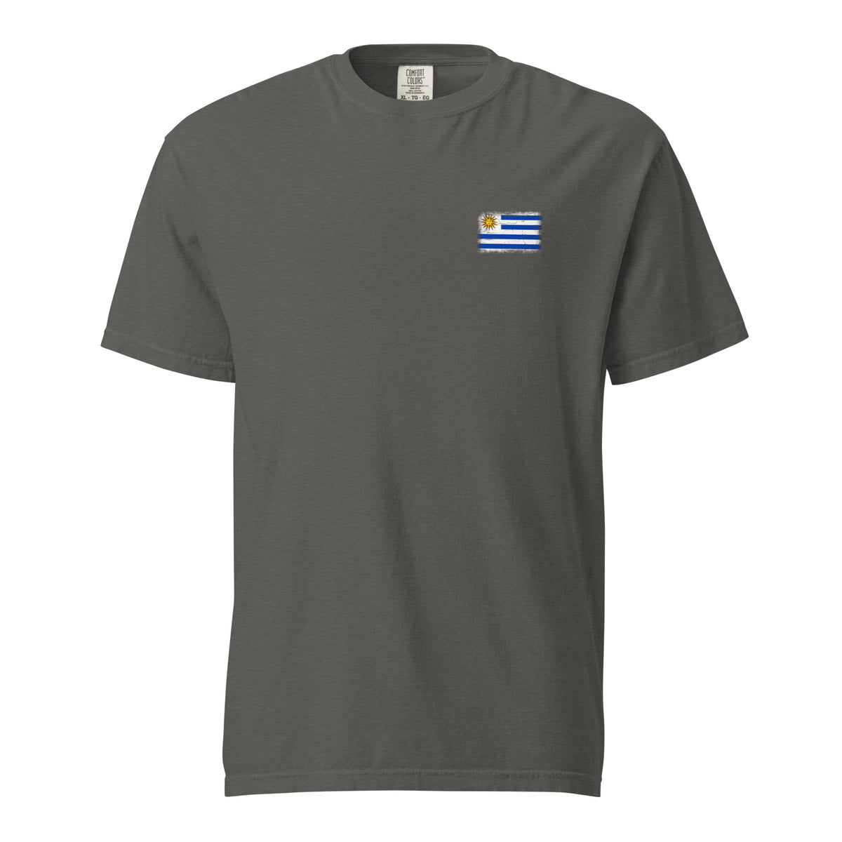 Uruguay flag t-shirt in Pepper, vintage-washed print, small flag on the left chest, unisex cut, front view