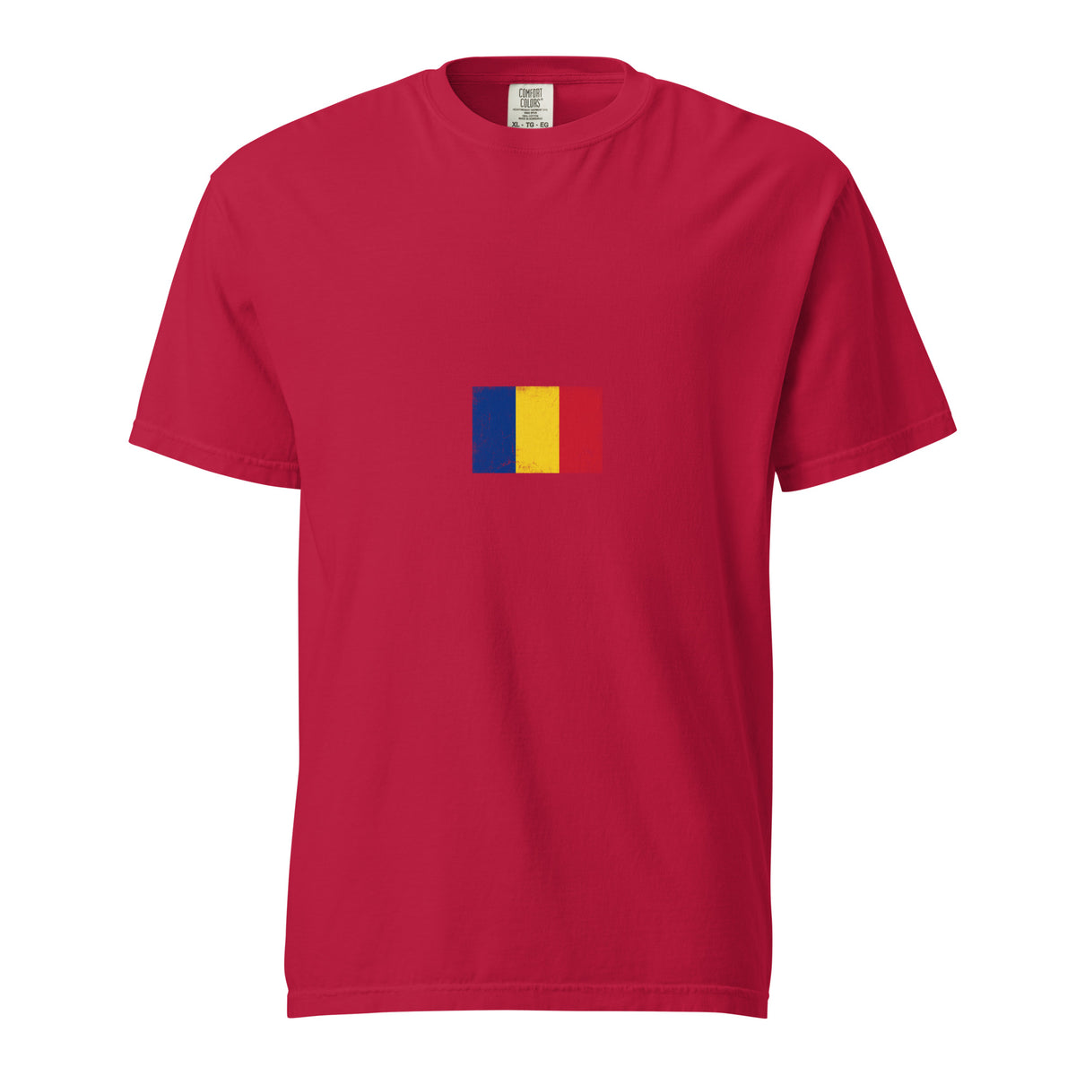 Romania flag t-shirt in Red, vintage-washed print, small flag on the chest, unisex cut, front view