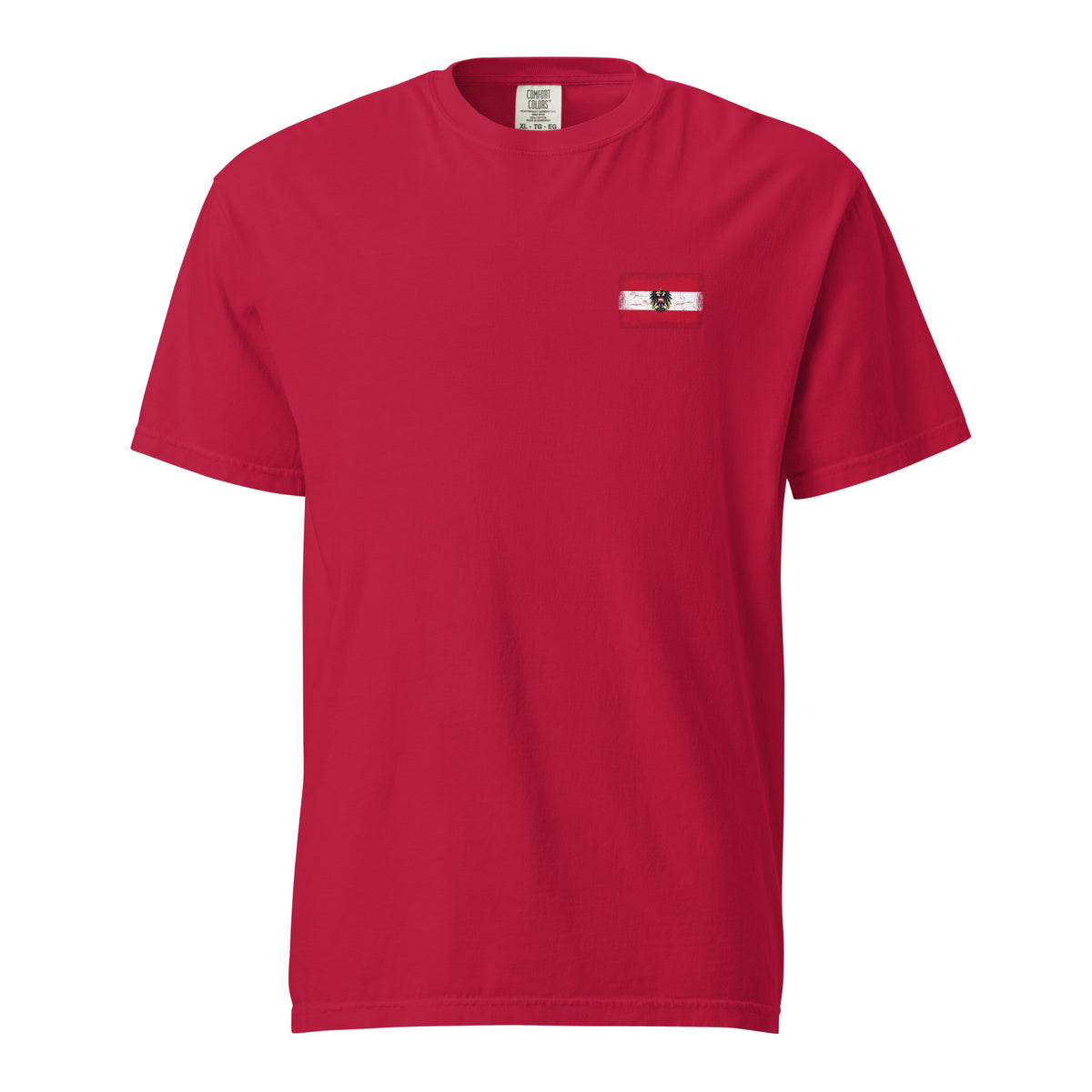 Austria flag t-shirt in Red, vintage-washed print, small flag on the left chest, unisex cut, front view