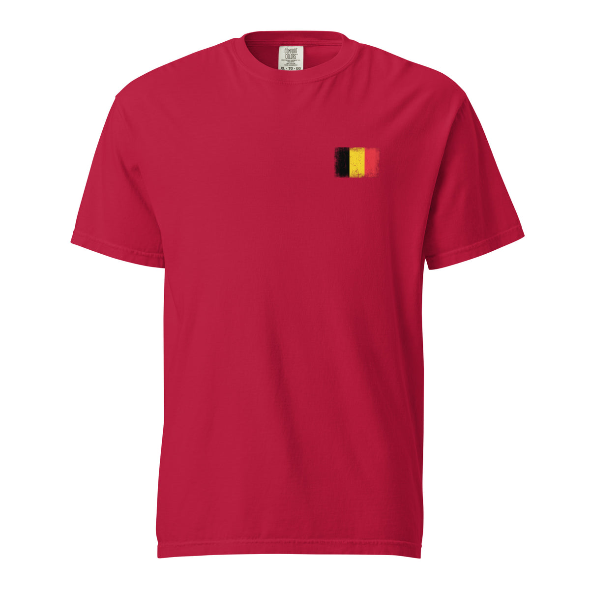 Belgium flag t-shirt in Red, vintage-washed print, small flag on the left chest, unisex cut, front view
