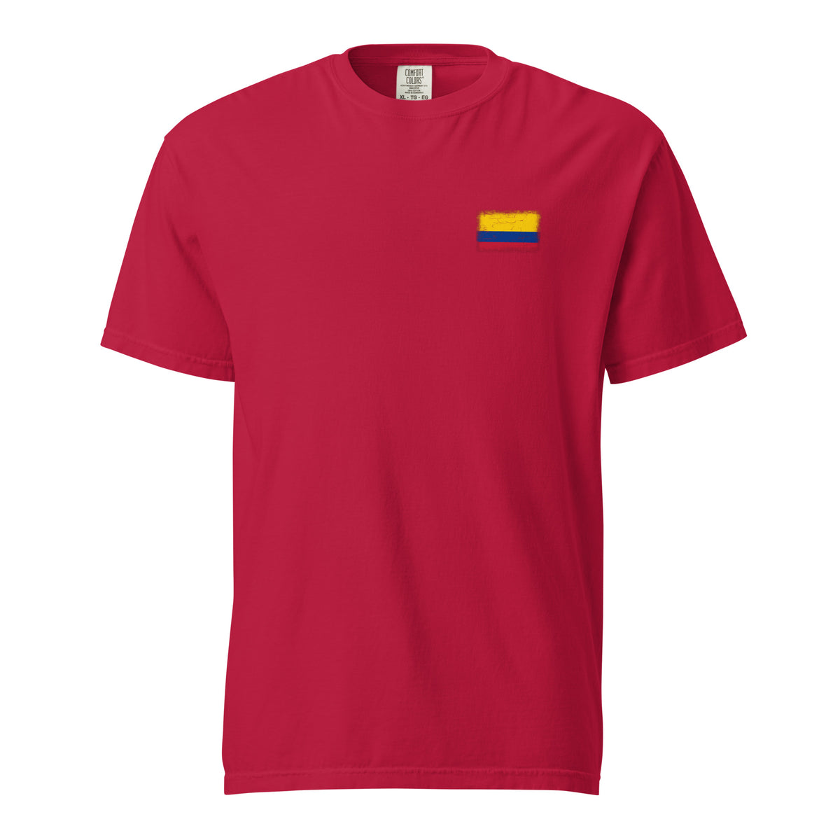 Colombia flag t-shirt in Red, vintage-washed print, small flag on the left chest, unisex cut, front view