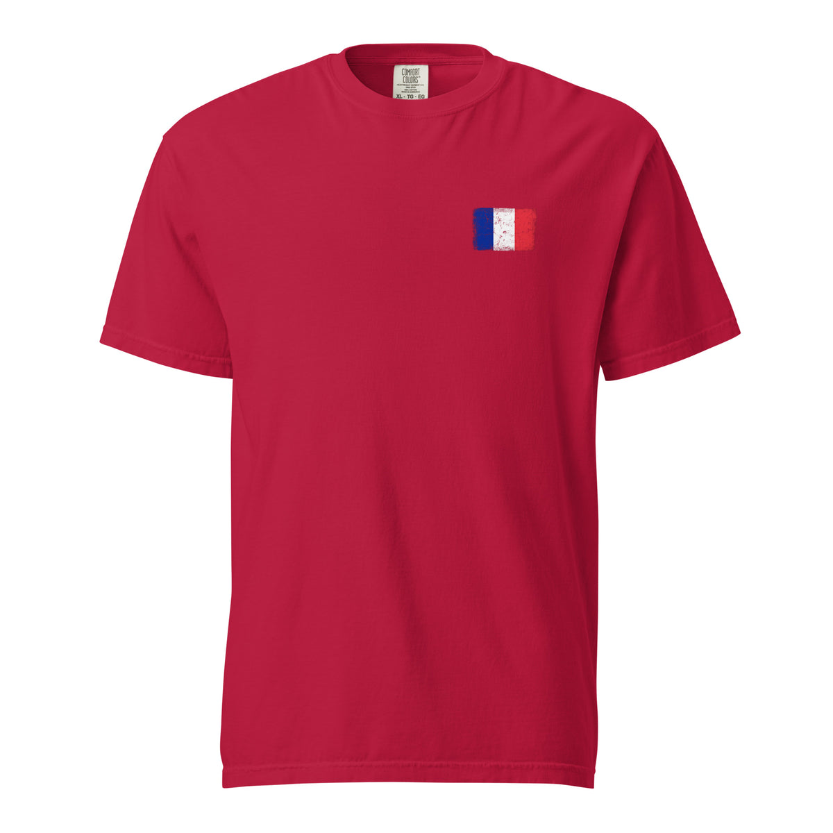 France flag t-shirt in Red, vintage-washed print, small flag on the left chest, unisex cut, front view