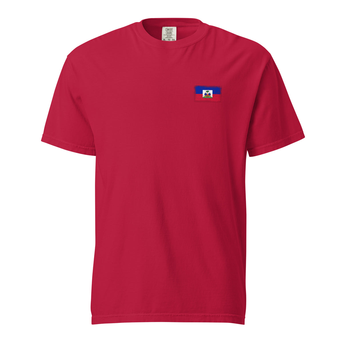 Haiti flag t-shirt in Red, vintage-washed print, small flag on the left chest, unisex cut, front view