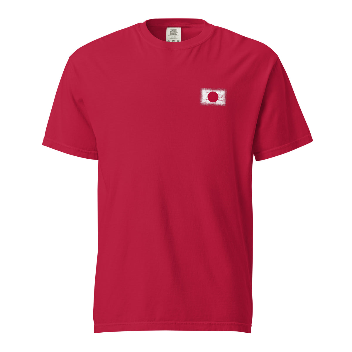Japan flag t-shirt in Red, vintage-washed print, small flag on the left chest, unisex cut, front view