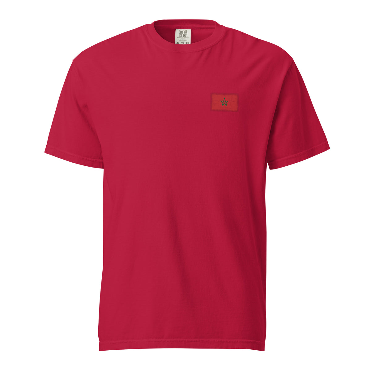 Morocco flag t-shirt in Red, vintage-washed print, small flag on the left chest, unisex cut, front view