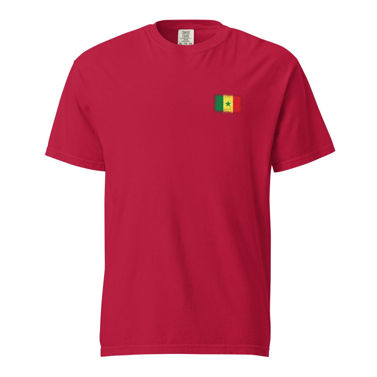 Senegal flag t-shirt in Red, vintage-washed print, small flag on the left chest, unisex cut, front view
