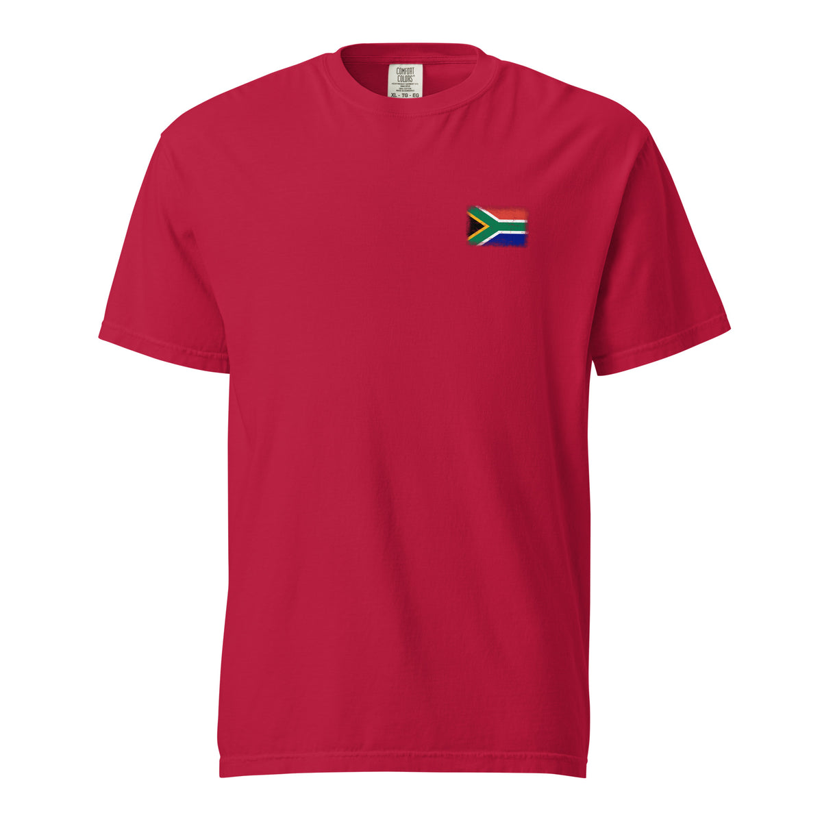 South Africa flag t-shirt in Red, vintage-washed print, small flag on the left chest, unisex cut, front view