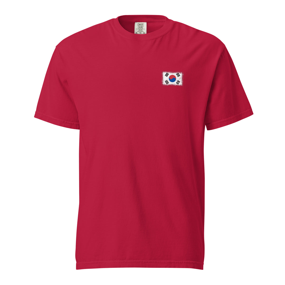 South Korea flag t-shirt in Red, vintage-washed print, small flag on the left chest, unisex cut, front view