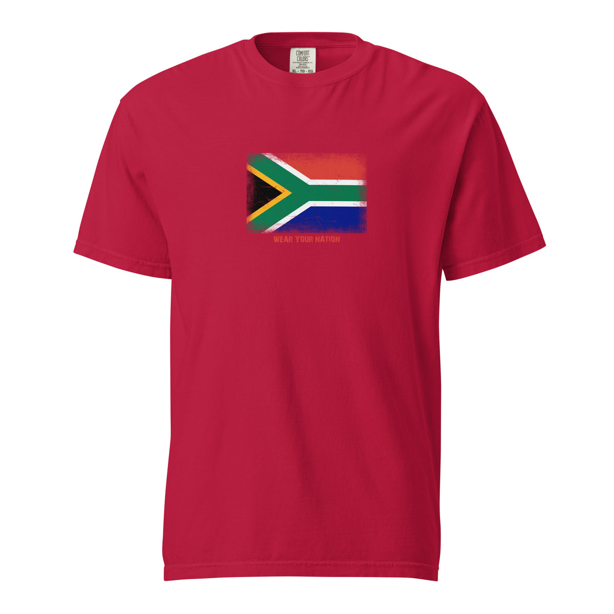 South Africa flag t-shirt in Red, vintage-washed print, large flag on the chest, unisex cut, front view