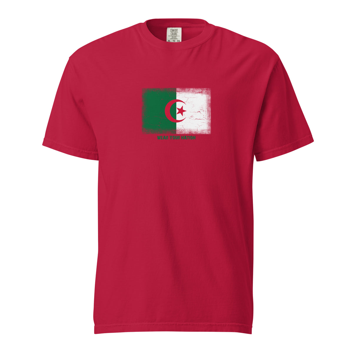 Algeria flag t-shirt in Red, vintage-washed print, large flag on the chest, unisex cut, front view