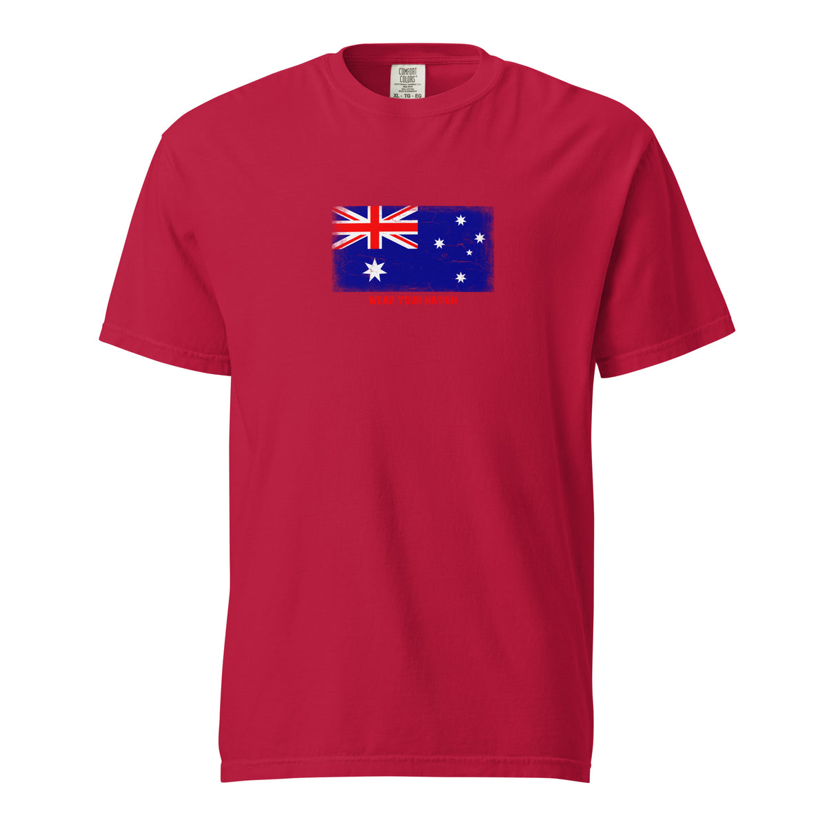Australia flag t-shirt in Red, vintage-washed print, large flag on the chest, unisex cut, front view