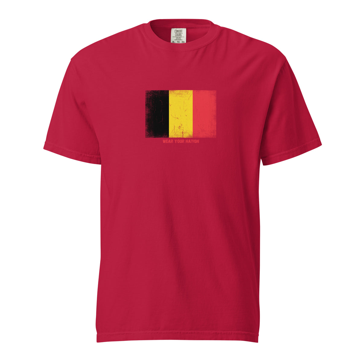 Belgium flag t-shirt in Red, vintage-washed print, large flag on the chest, unisex cut, front view