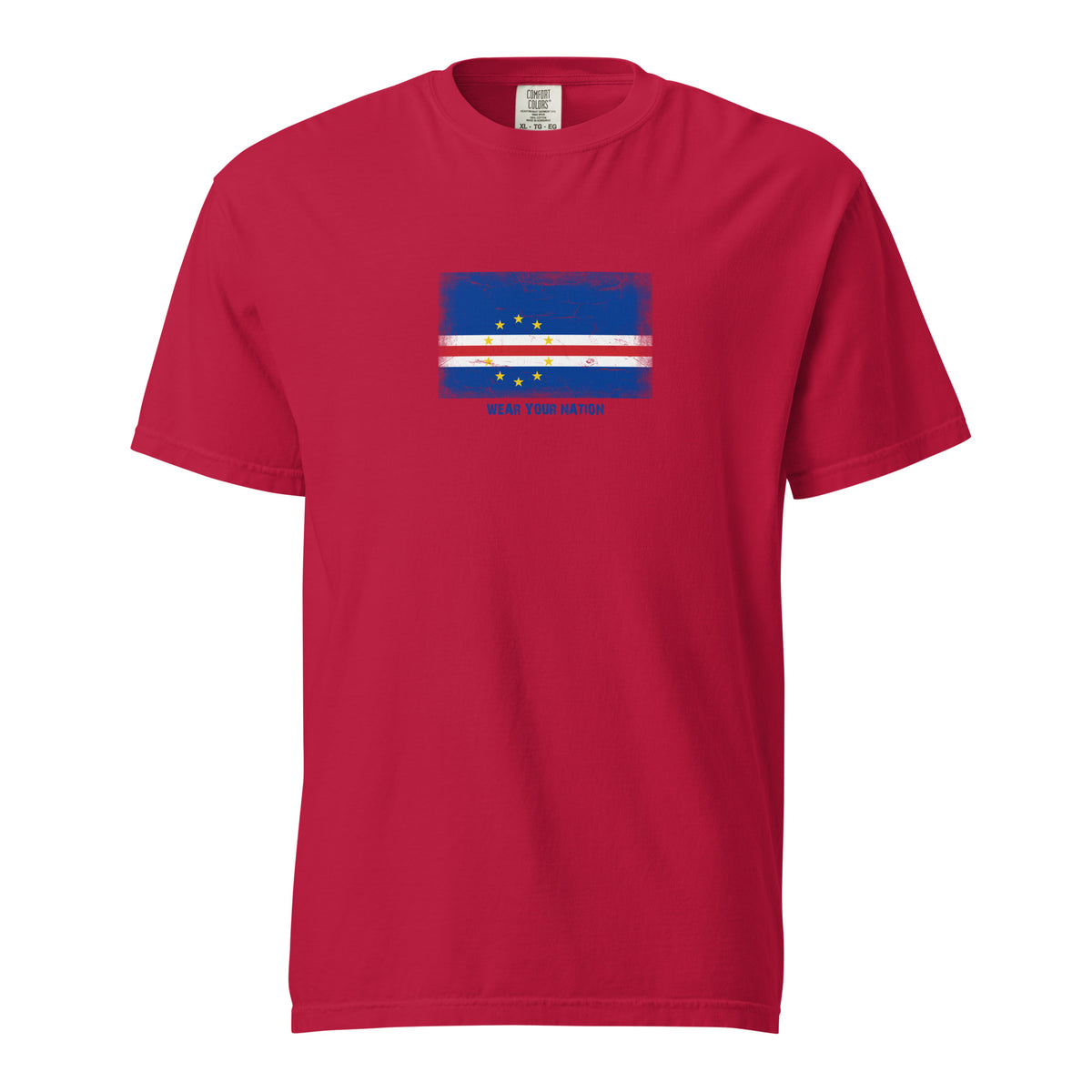 Cape Verde flag t-shirt in Red, vintage-washed print, large flag on the chest, unisex cut, front view