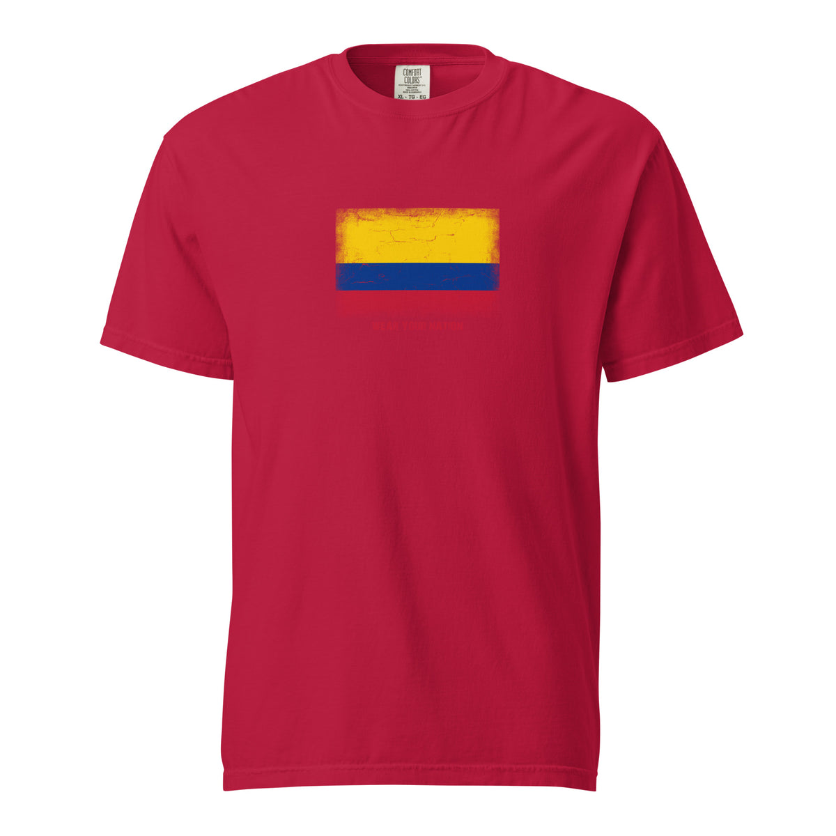 Colombia flag t-shirt in Red, vintage-washed print, large flag on the chest, unisex cut, front view