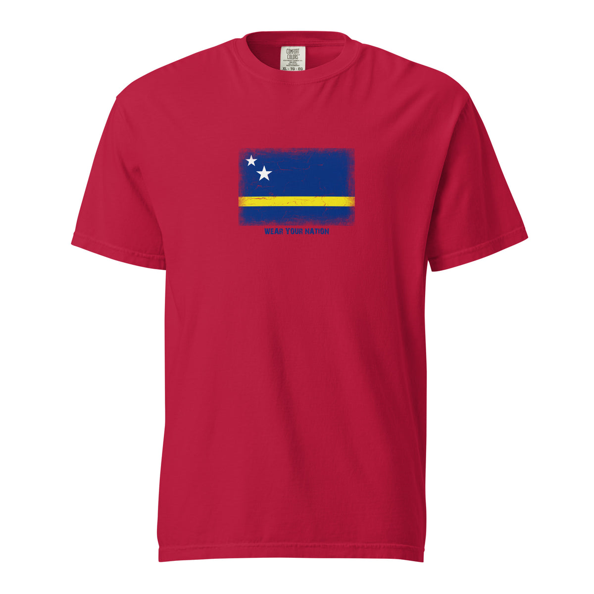 Curaçao flag t-shirt in Red, vintage-washed print, large flag on the chest, unisex cut, front view