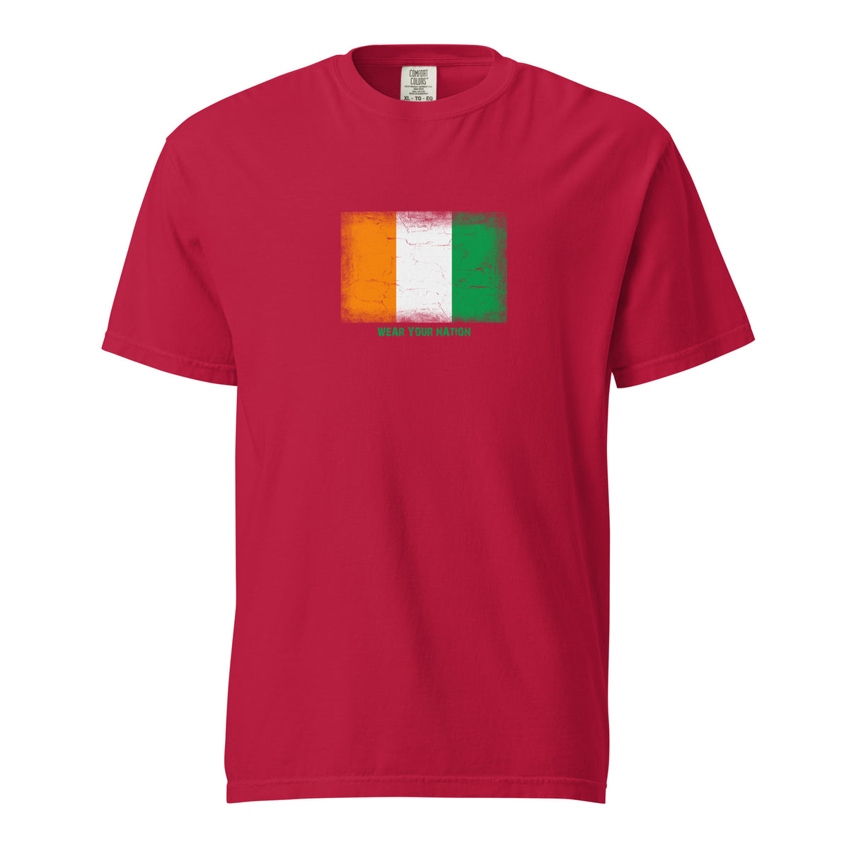 Côte d'Ivoire flag t-shirt in Red, vintage-washed print, large flag on the chest, unisex cut, front view
