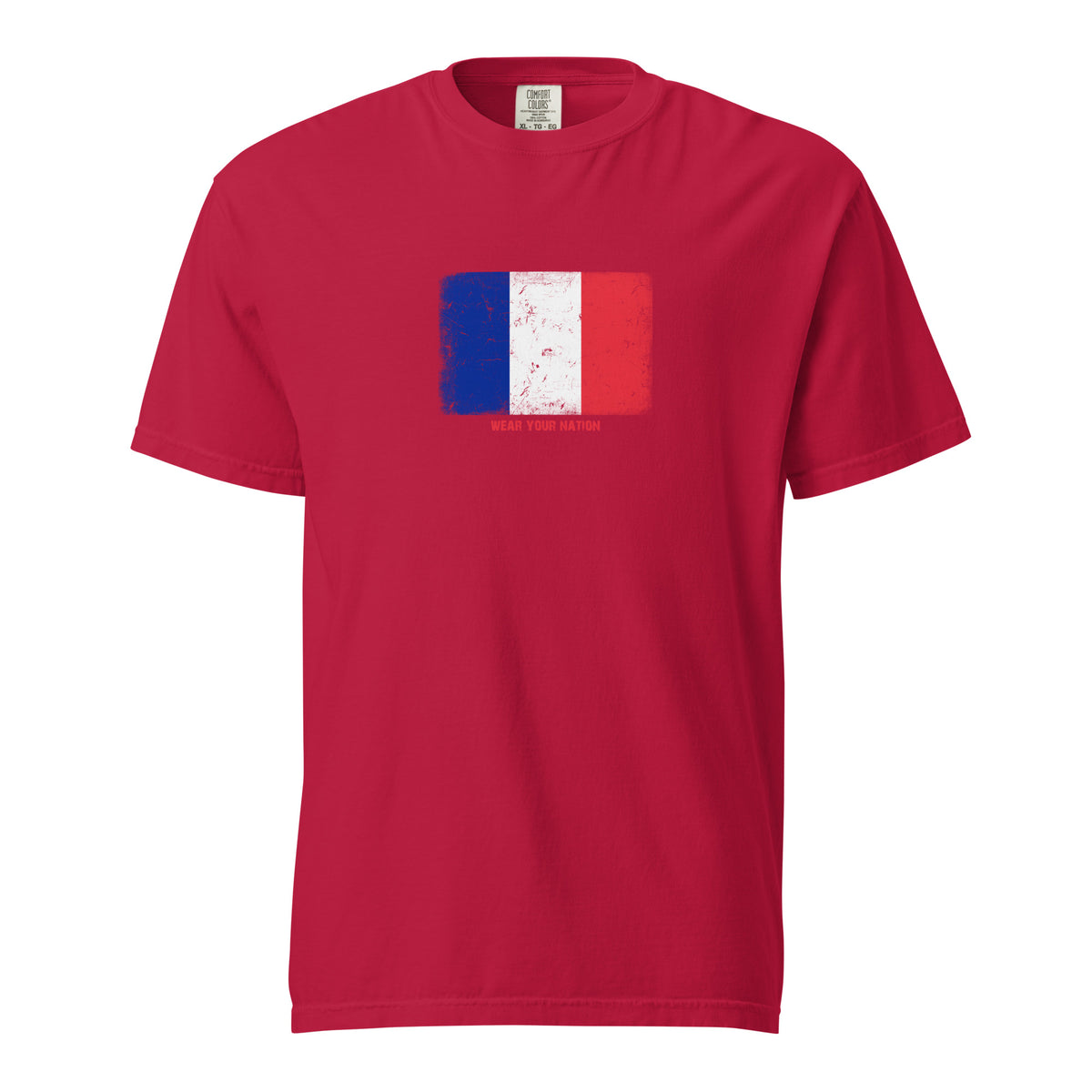 France flag t-shirt in Red, vintage-washed print, large flag on the chest, unisex cut, front view