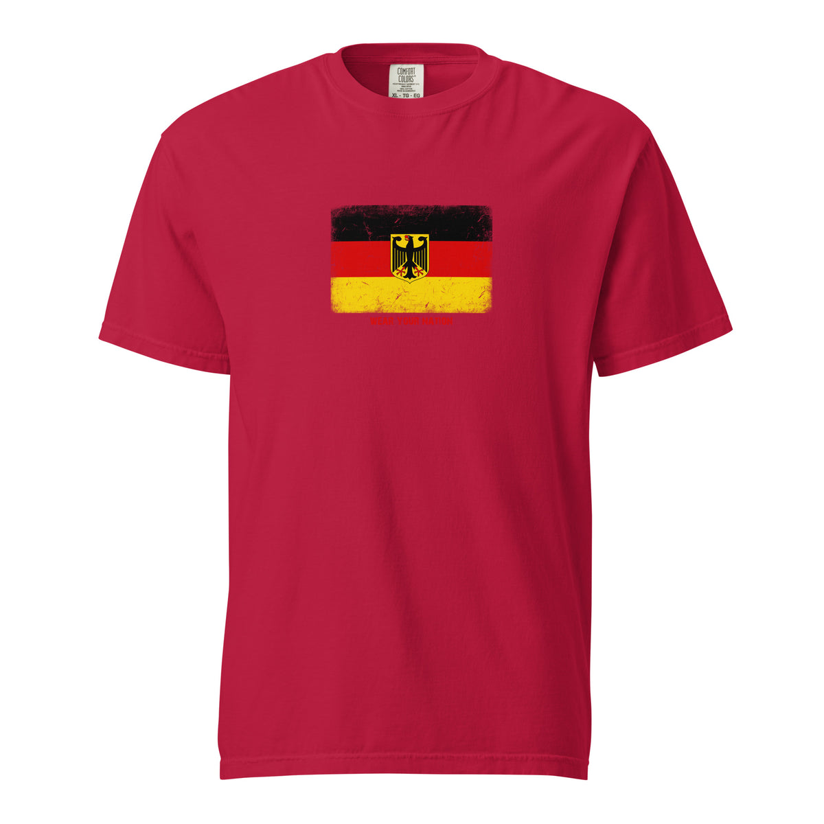 Germany flag t-shirt in Red, vintage-washed print, large flag on the chest, unisex cut, front view