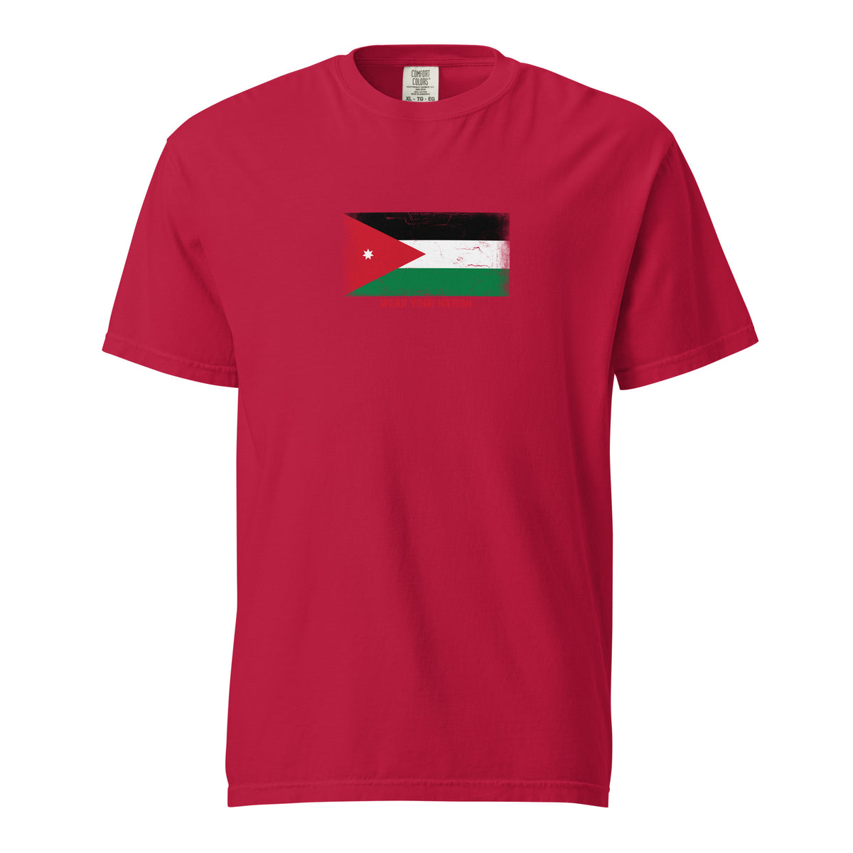 Jordan flag t-shirt in Red, vintage-washed print, large flag on the chest, unisex cut, front view