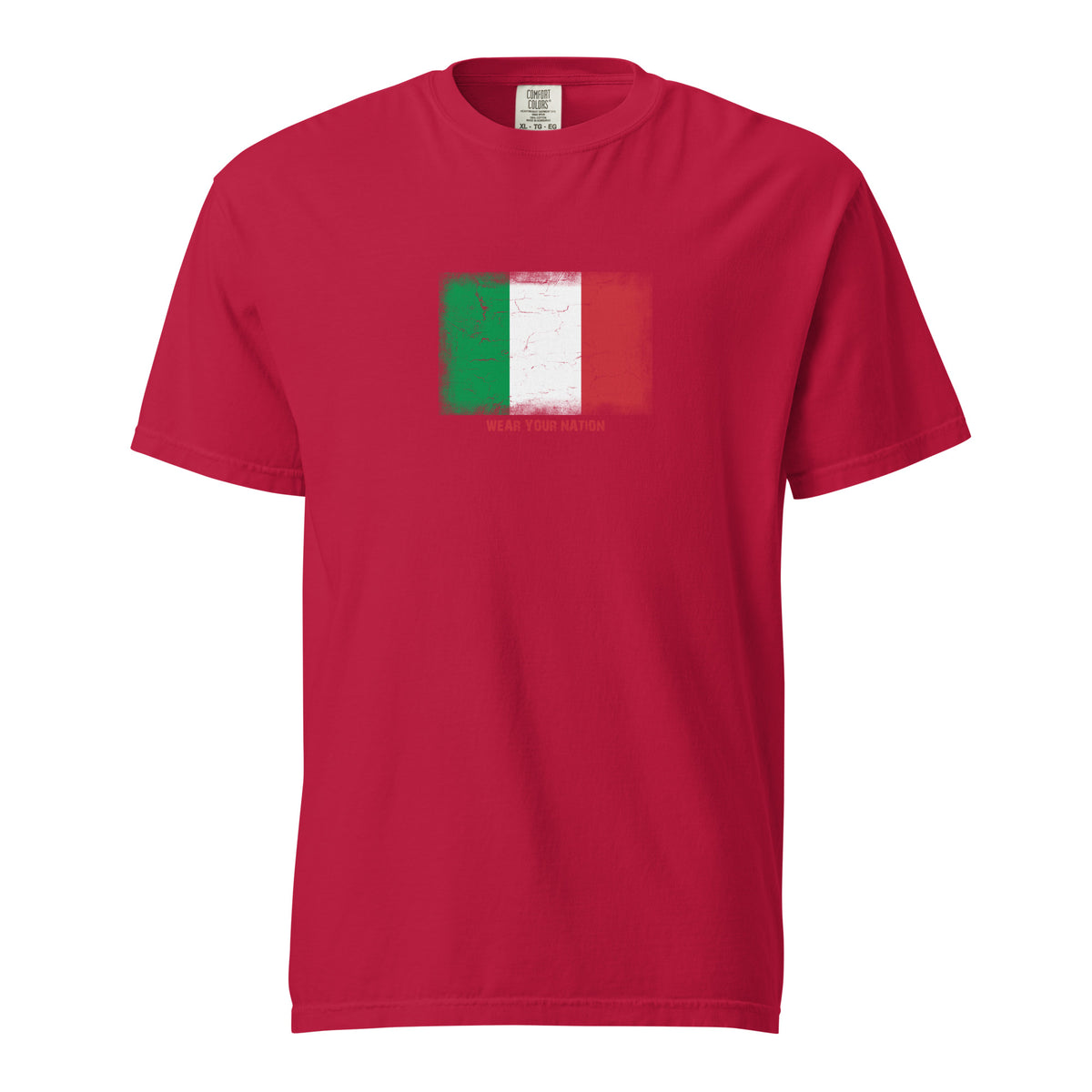 Italy flag t-shirt in Red, vintage-washed print, large flag on the chest, unisex cut, front view