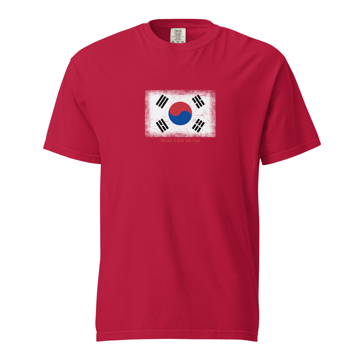 South Korea flag t-shirt in Red, vintage-washed print, large flag on the chest, unisex cut, front view