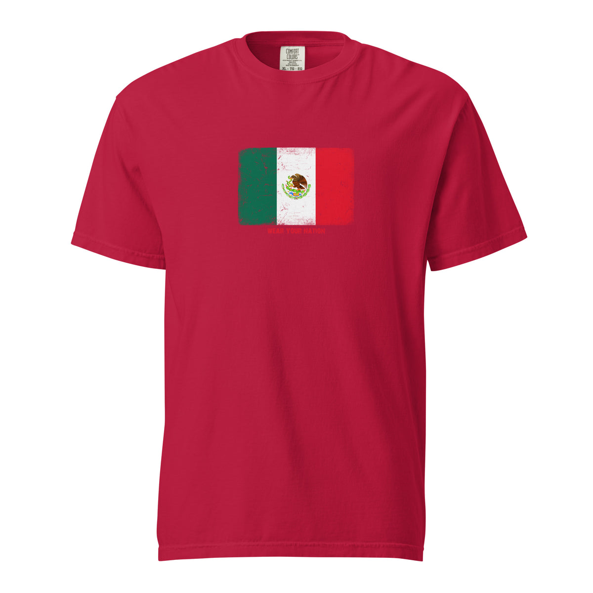 Mexico flag t-shirt in Red, vintage-washed print, large flag on the chest, unisex cut, front view