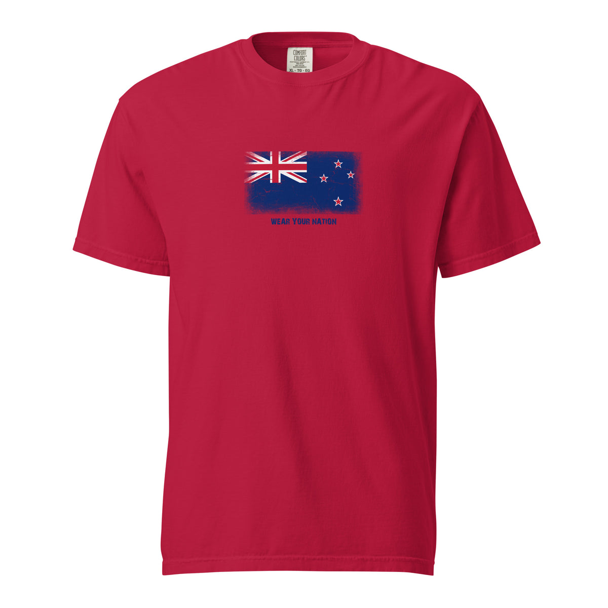 New Zealand flag t-shirt in Red, vintage-washed print, large flag on the chest, unisex cut, front view