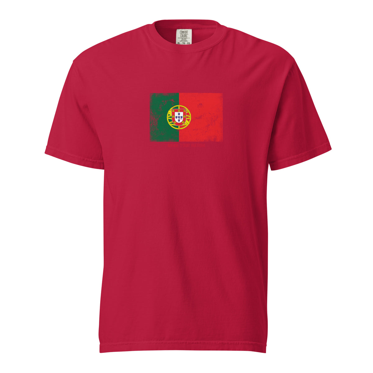 Portugal flag t-shirt in Red, vintage-washed print, large flag on the chest, unisex cut, front view