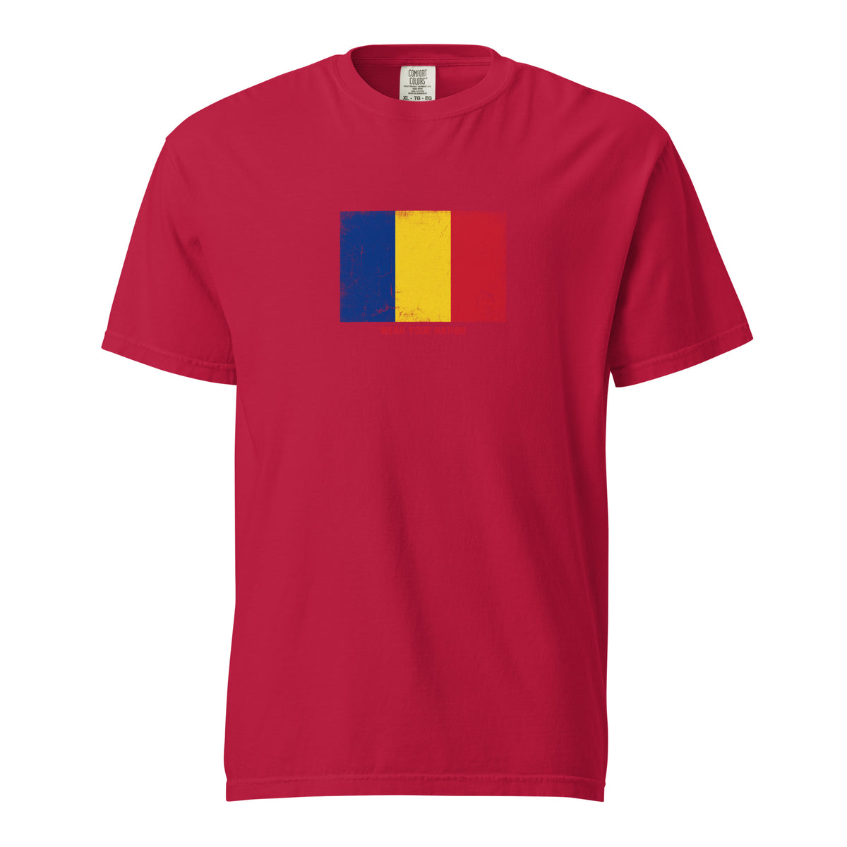 Romania flag t-shirt in Red, vintage-washed print, large flag on the chest, unisex cut, front view