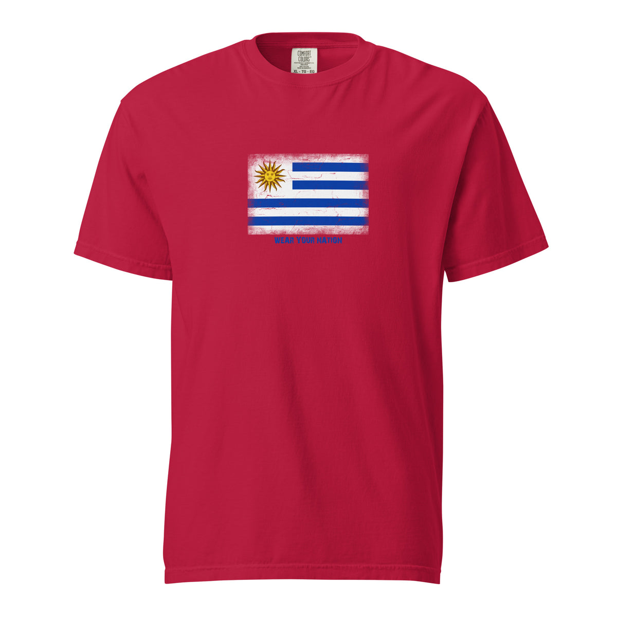 Uruguay flag t-shirt in Red, vintage-washed print, large flag on the chest, unisex cut, front view