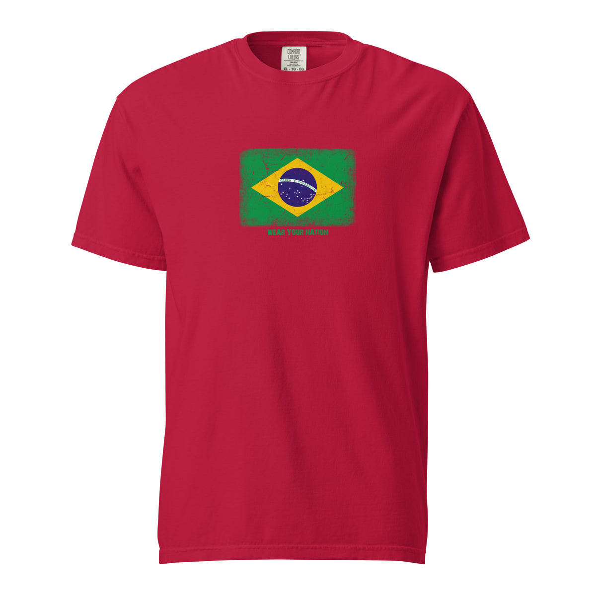 Brasil flag t-shirt in Red, vintage-washed print, large flag on the chest, unisex cut, front view