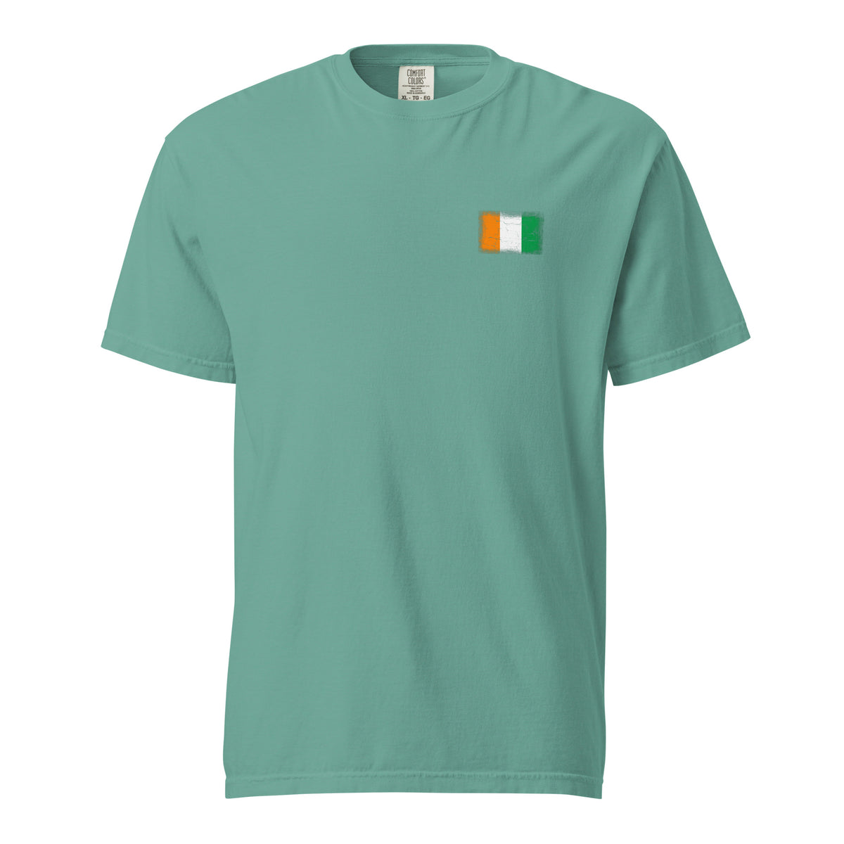 Côte d'Ivoire flag t-shirt in Seafoam, vintage-washed print, small flag on the left chest, unisex cut, front view