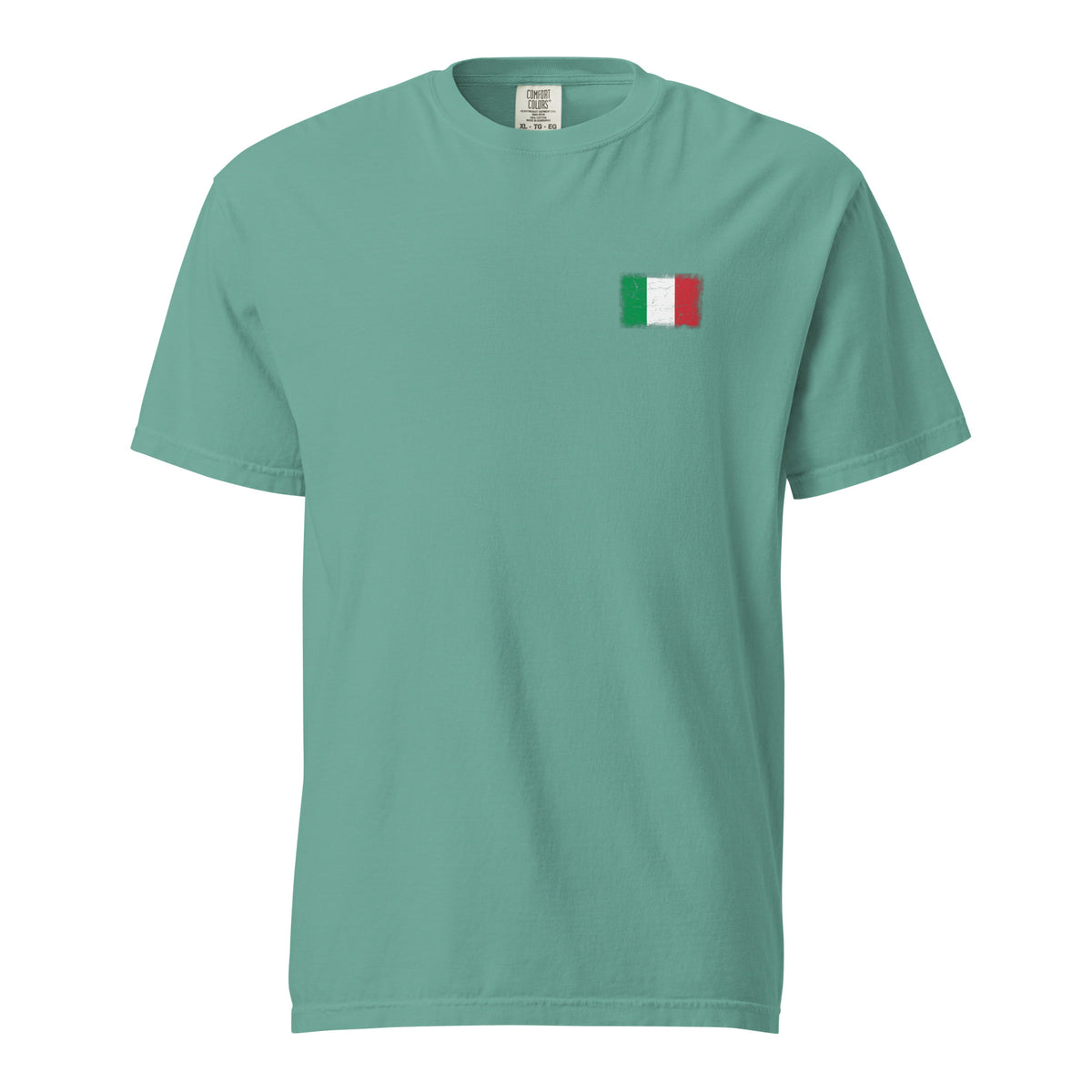Italy flag t-shirt in Seafoam, vintage-washed print, small flag on the left chest, unisex cut, front view
