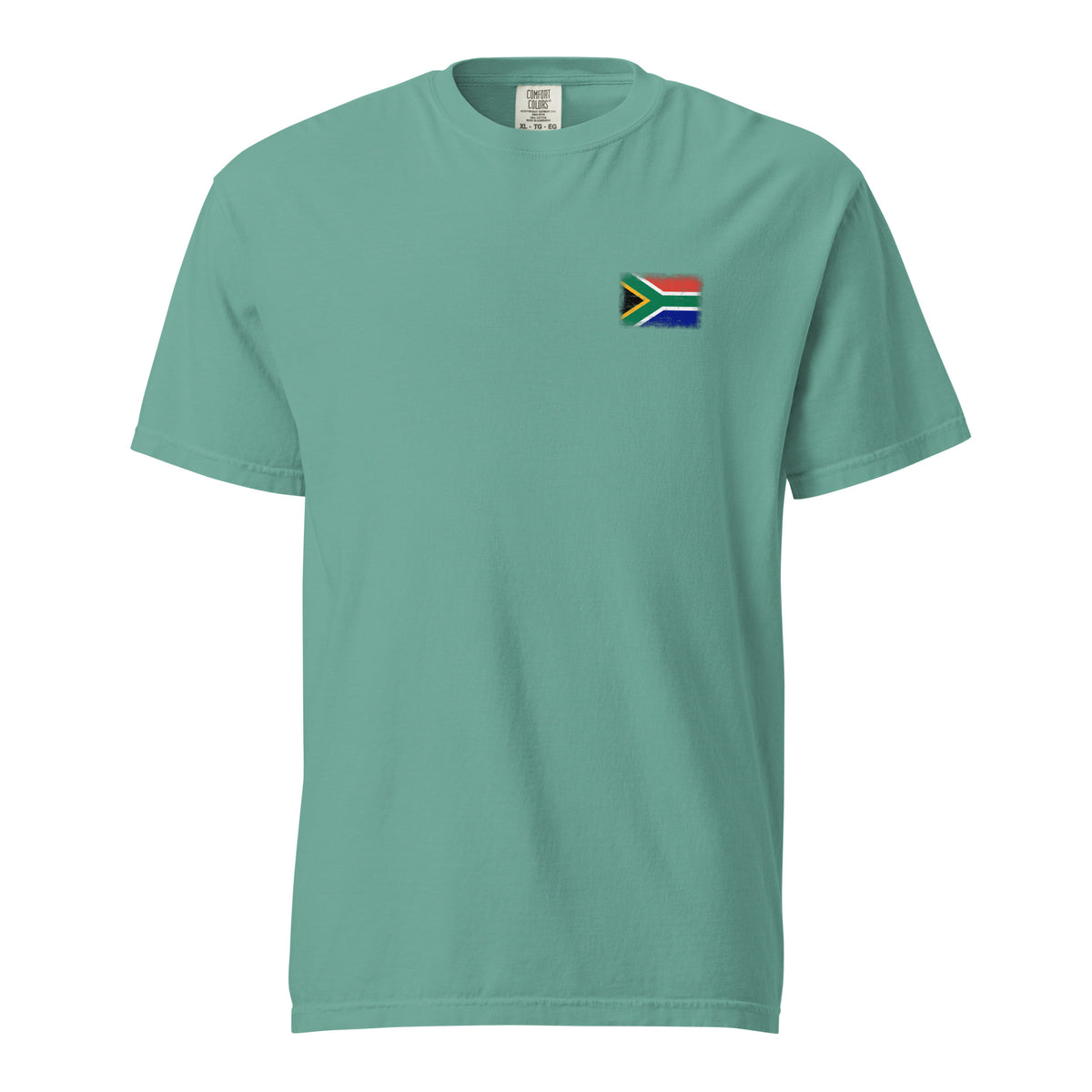 South Africa flag t-shirt in Seafoam, vintage-washed print, small flag on the left chest, unisex cut, front view