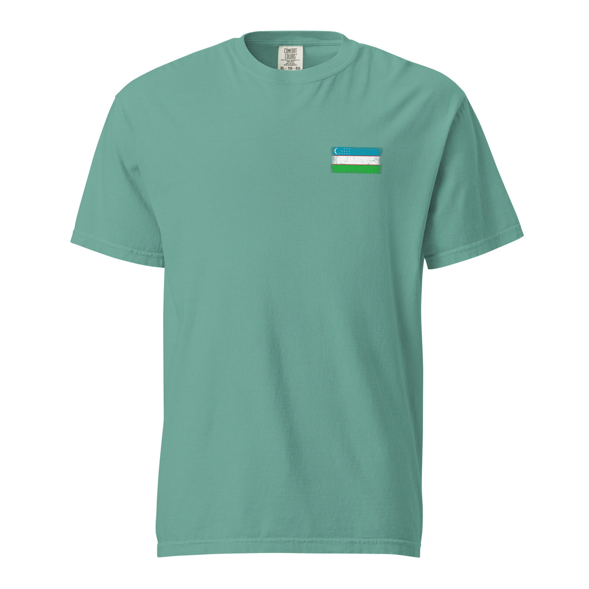Uzbekistan flag t-shirt in Seafoam, vintage-washed print, small flag on the left chest, unisex cut, front view
