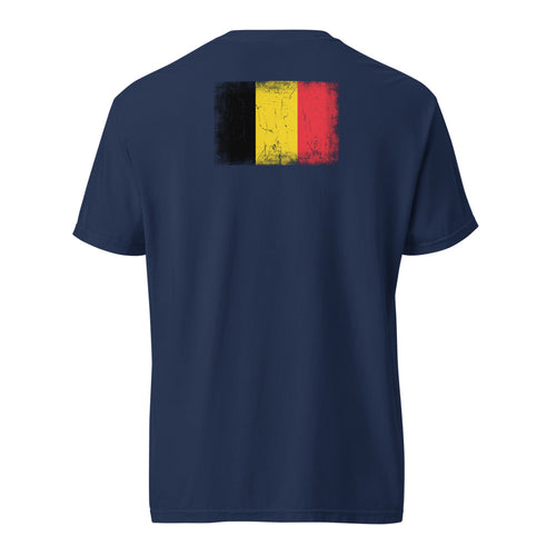 Belgium flag t-shirt in True Navy, vintage-washed print, flag across the upper back, unisex cut, back view
