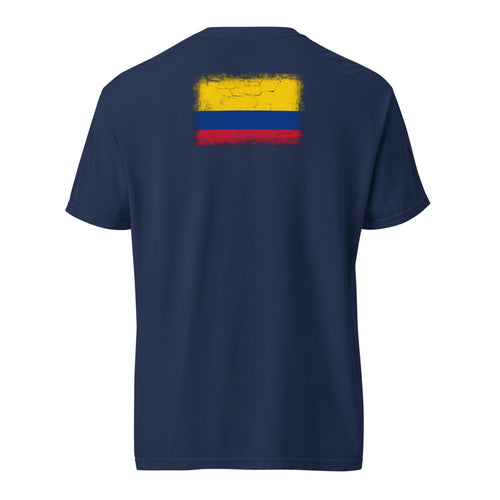 Colombia flag t-shirt in True Navy, vintage-washed print, flag across the upper back, unisex cut, back view
