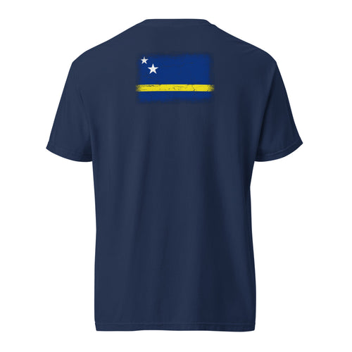 Curaçao flag t-shirt in True Navy, vintage-washed print, flag across the upper back, unisex cut, back view