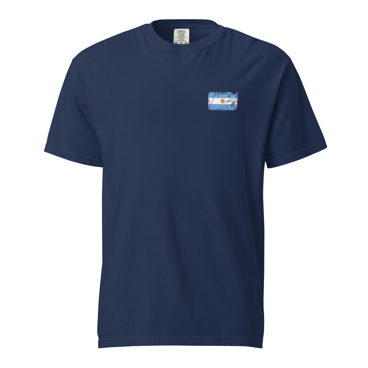 Argentina flag t-shirt in True Navy, vintage-washed print, small flag on the left chest, unisex cut, front view
