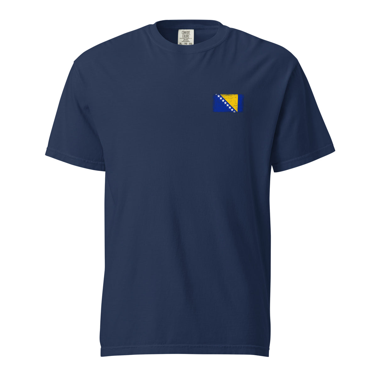 Bosnia and Herzegovina flag t-shirt in True Navy, vintage-washed print, small flag on the left chest, unisex cut, front view