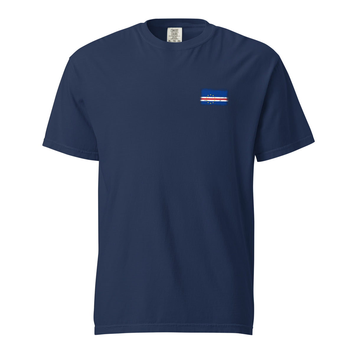 Cape Verde flag t-shirt in True Navy, vintage-washed print, small flag on the left chest, unisex cut, front view