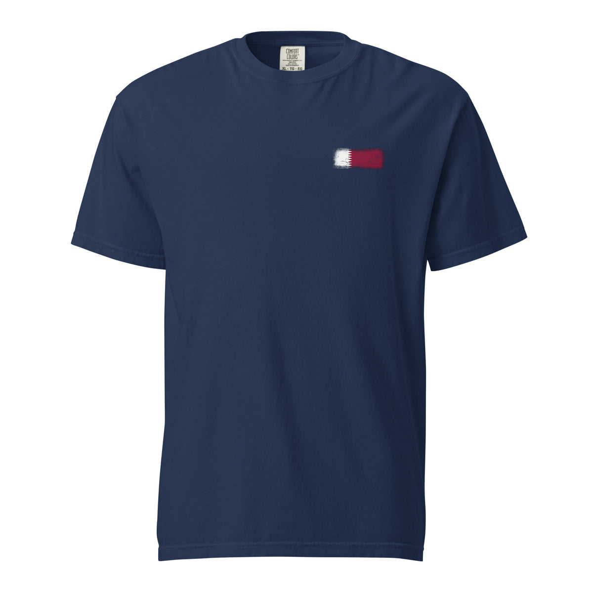 Qatar flag t-shirt in Navy, vintage-washed print, small flag on the left chest, unisex cut, front view